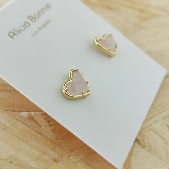 NEW Alicia Bonnie Love Rose Quartz Heart Stud Earrings Gold - Picture 2 of 3